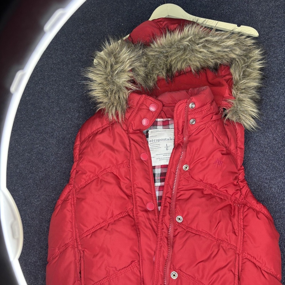 Y2K Aeropostale Vest Womens Large Red Puffer Faux Fur Hood Plaid Lined Winter